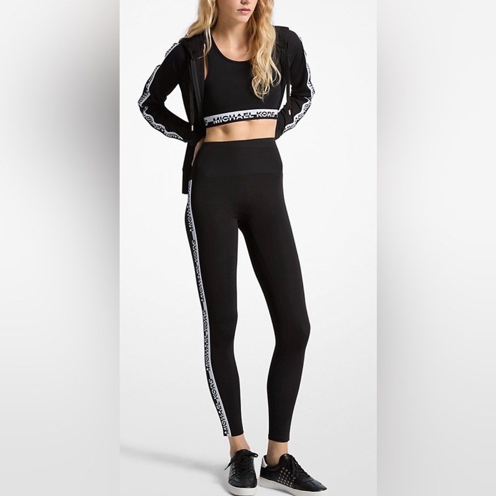 Michael Kors Black Stretch Knit Logo Tape High-Waisted Leggings Size M